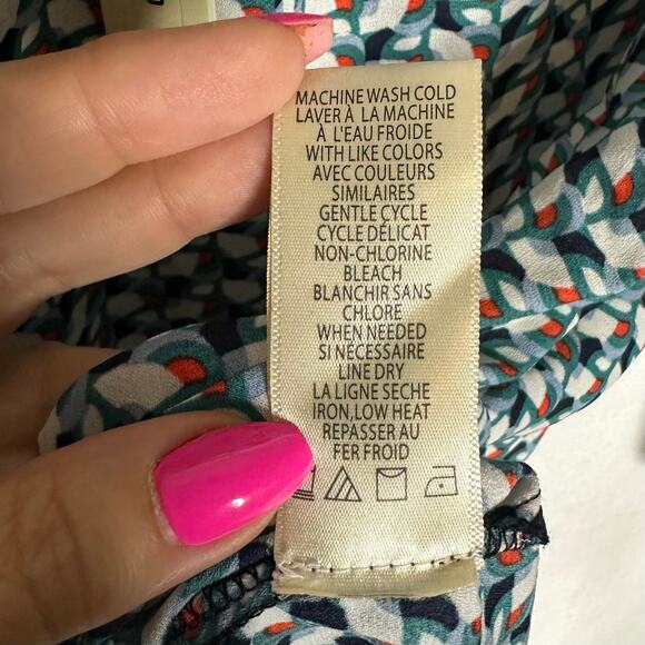 Max Studio Ruched Sleeve Chiffon Blouse Geometric Print Navy Ivory Size S - Picture 7 of 10